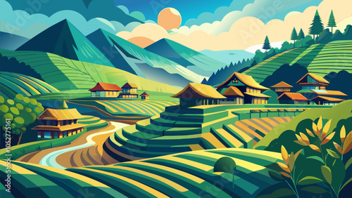 Lush terraced fields nestled between mountains showcasing a serene village landscape at sunset