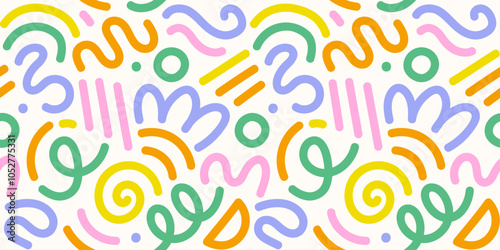 Memphis geometric seamless pattern. Multicolor abstract background in retro 80s, 90s style with various shapes: circles, semicircles, dots, zigzags, spirals, wavy lines. Cute kid doodle design.	