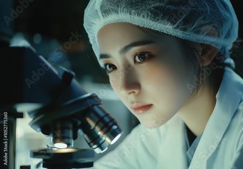 Focused on experiment, an Asian female scientist uses a microscope to examine a sample, embodying precision and expertise. photo