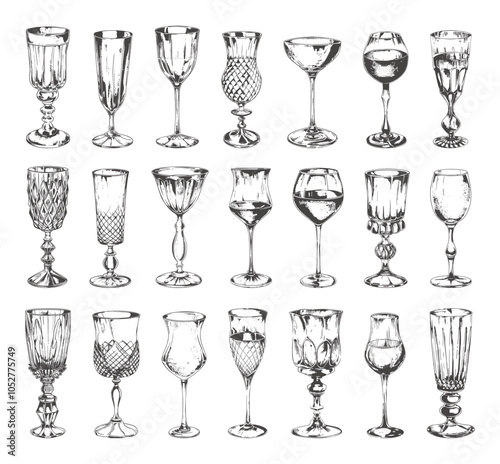 Vintage Glasses for Wine Engraving Icons Set Classic Wine Glasses Goblets Crystal Glasses Fluted Glasses Ornate Details Elegant Shapes Black and White Illustrations