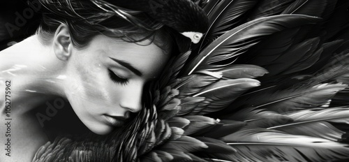 Dark and mysterious portrait of a woman with black feathers and a swan photo