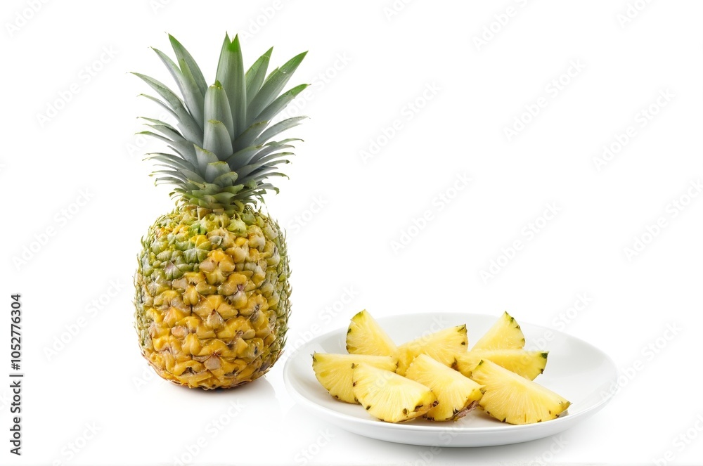 Fresh Whole and Sliced Ripe Pineapple on White Background Fresh Whole and Sliced Ripe Pineapple on White Background