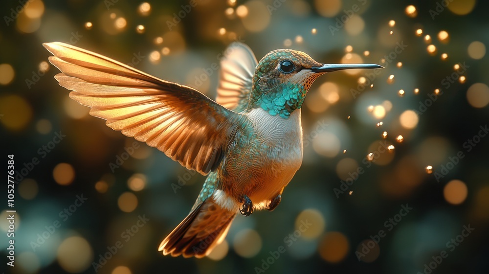 Fototapeta premium A detailed shot of a hummingbird in flight, capturing the iridescent feathers and fast-moving wings in hyper-detail.