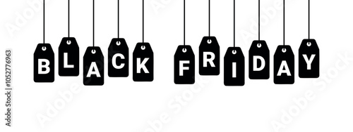 Black Friday decoration with price tags, black labels with blank letters, panoramic vector illustration