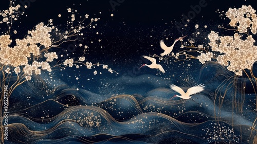 Abstract background with cranes and cherry blossoms in gold on dark blue, inspired by Japanese art, isolated on white