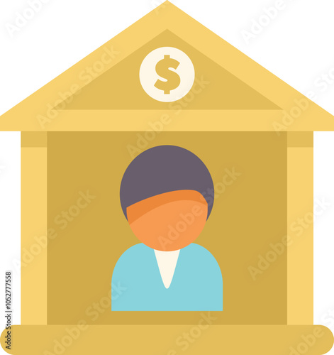 Bank teller working at the bank counter with dollar sign on building facade