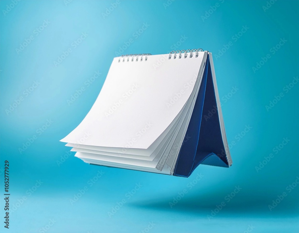 White paper notebook flipping page float on isolated soft blue background. White paper notebook flipping page float on isolated soft blue background.