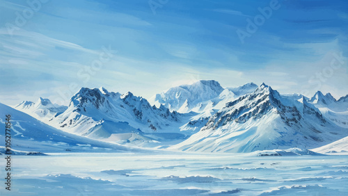 White Snowy Mountain Range with Clear Blue Sky Illustration Majestic Snow-Capped Peaks Blue Sky Crisp Winter Landscape Alpine Mountains Snow-Covered Peaks Clear Day Scenic