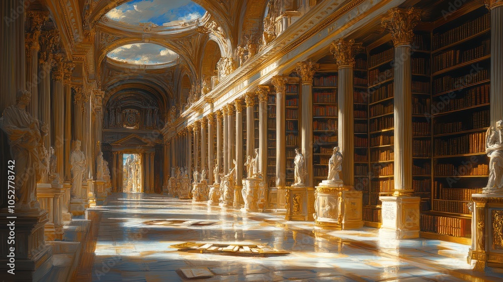 Obraz premium A grand, ornate library with high ceilings, columns, and statues