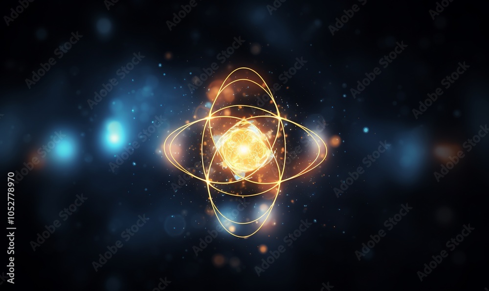 Obraz premium Abstract representation of an atom with glowing orbits.