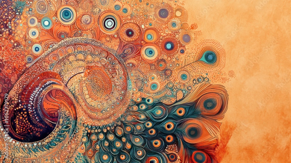 Abstract Indian design with intricate mandalas and peacock feathers on a warm orange background, isolated on white Abstract Indian design with intricate mandalas and peacock feathers on a warm orange background, isolated on white