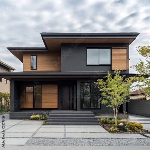 Wallpaper Mural Modern two-story house with gray exterior, wood accents, and a front yard with gravel and a small tree. Torontodigital.ca
