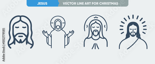 Jesus Icon Set: Minimal Thin Line Web Icons, Outline Icon, Simple Vector for Christmas and New Year

