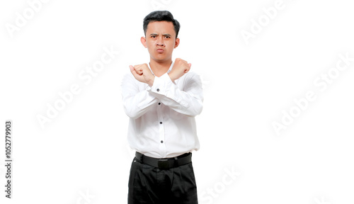 young asian man wearing white shirt with hand gesture pose rejection isolated white background photo