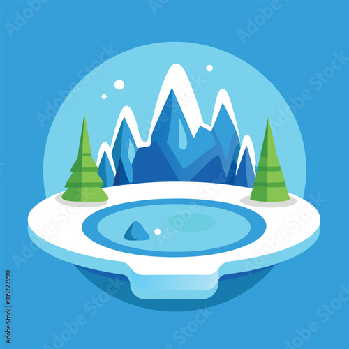 A snowy mountain scene with a frozen lake.
