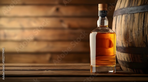 Aged wooden barrel with a bottle of premium scotch and glass, minimalist composition with empty space for brand logo or text, rustic setting photo