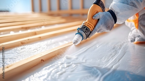Spraying polyurethane foam to insulate a wooden frame house, the worker methodically covering each section, protective gear and foam clouds in the air