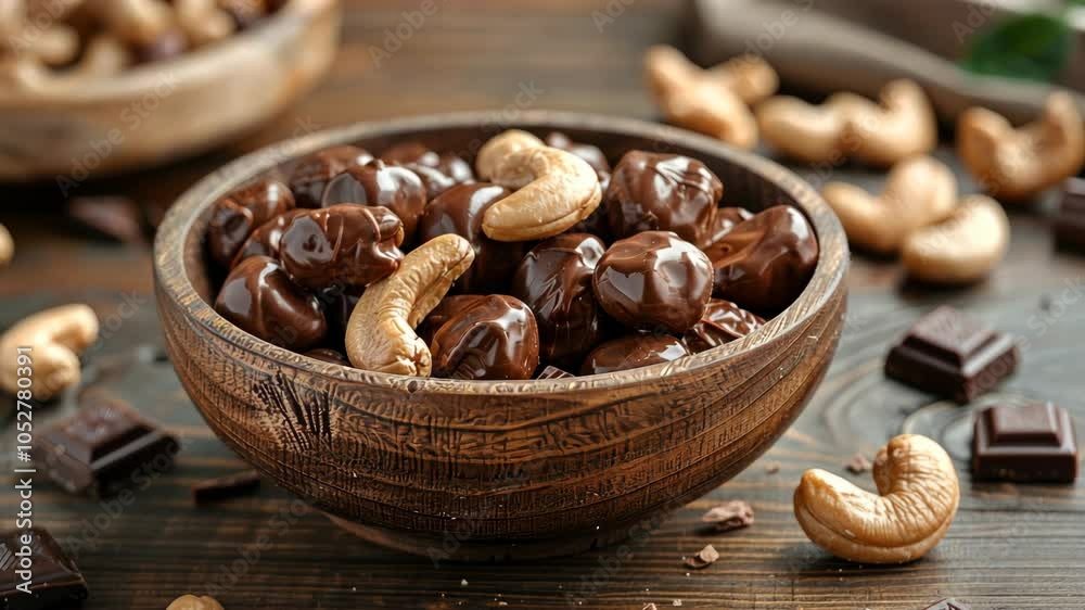 A wooden bowl filled with chocolate-covered dates and cashews sits on a wooden table A wooden bowl filled with chocolate-covered dates and cashews sits on a wooden table