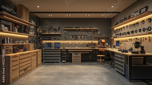 A well-organized and equipped workshop with tools and equipment on shelves and workbenches. photo