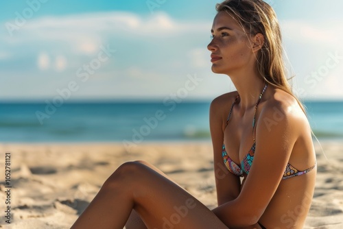 a fit and toned woman enjoying a day at the beach, highlighting the active lifestyle she leads. Her body glistens in the sun as she embraces the beauty of the natural surroundings. photo