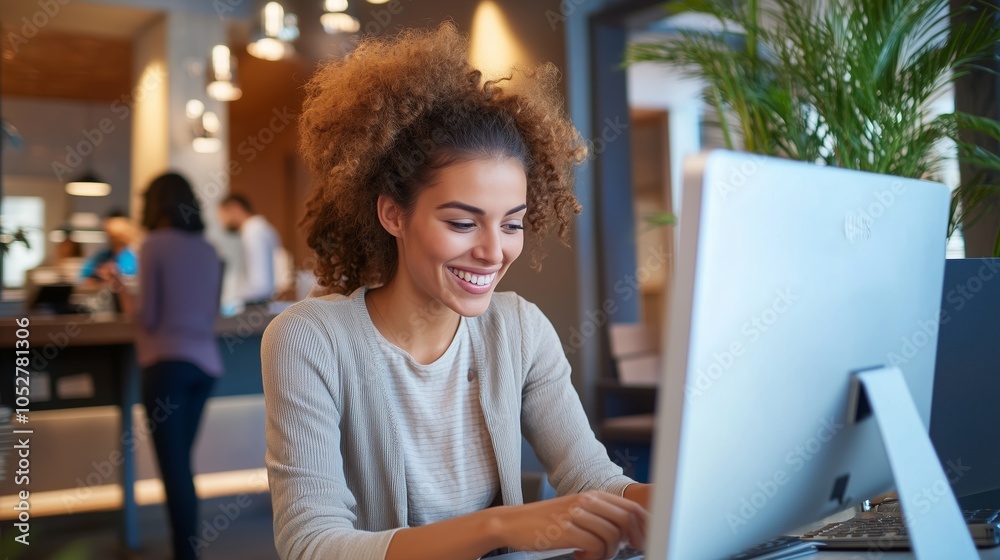 Young woman working on a computer in a modern café, smiling and focused on her tasks during the day Young woman working on a computer in a modern café, smiling and focused on her tasks during the day