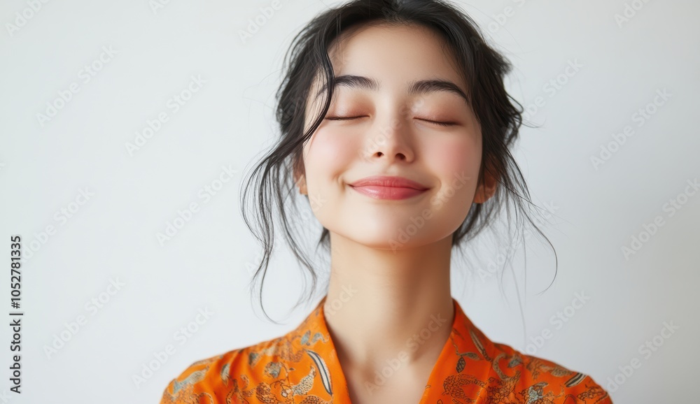 A young Asian girl, eyes softly shut, exudes a sense of peaceful joy in a moment of calm reflection, embodying tranquility and relaxation. A young Asian girl, eyes softly shut, exudes a sense of peaceful joy in a moment of calm reflection, embodying tranquility and relaxation.