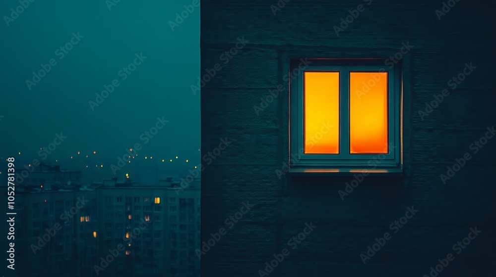 A solitary, glowing window on a tall, dark building, offering a glimpse of life in the otherwise still and silent city skyline A solitary, glowing window on a tall, dark building, offering a glimpse of life in the otherwise still and silent city skyline