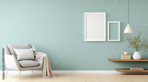 A serene setting features two white picture frames on a shelf beside a modern gray armchair against muted sage green walls