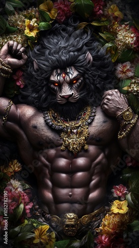 A powerful male figure with a lion's head, adorned with gold jewelry,  surrounded by vibrant flowers.