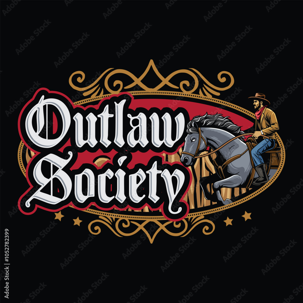 Fototapeta premium Outlaw Society Cowboy Riding Horse in Western Vintage Vector Illustration for poster, flyer, social media, web pages, print media, greeting card, invitation, banner, t-shirt design
