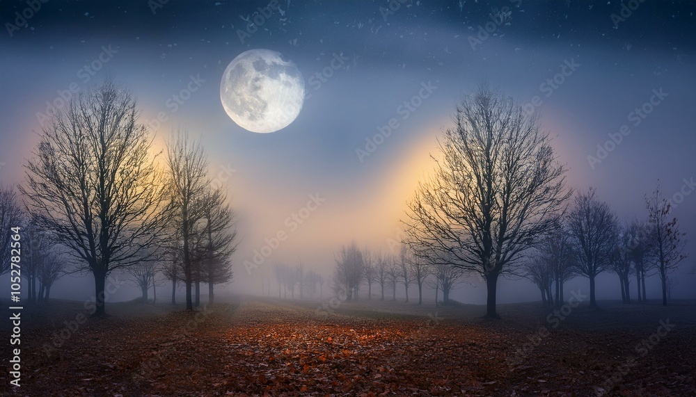 Fototapeta premium 幻想的な晩秋の夜明け、霧の中で輝く木立と枯れた葉