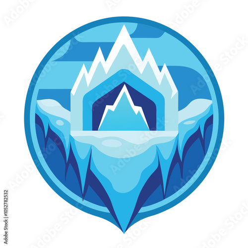 A stylized blue and white illustration of a frozen mountain range in a circle.