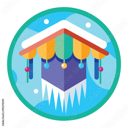 A colorful and festive winter design with a whimsical roof, snow, and icicle decorations.
