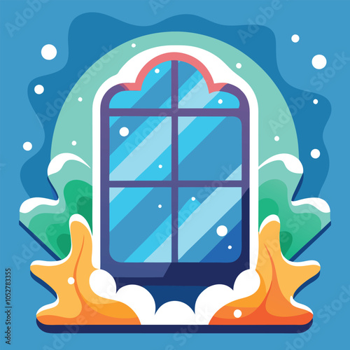 A whimsical illustration of a window surrounded by a frosty, wintery scene.