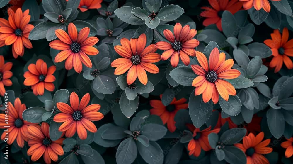 Orange flowers bloom in a garden, their petals standing out against the dark green leaves Orange flowers bloom in a garden, their petals standing out against the dark green leaves