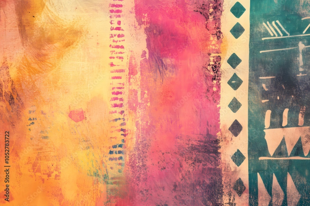 A blend of warm and cool tones, with splashes of yellow, pink, and teal creating a vibrant yet harmonious composition. A blend of warm and cool tones, with splashes of yellow, pink, and teal creating a vibrant yet harmonious composition.