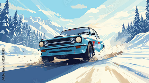 Classic rally car drifting on a snowy mountain road during winter, vector illustration. A classic rally car speeds through snowy mountains, creating a trail of snow as it drifts.