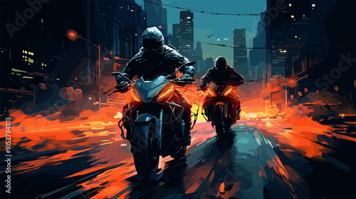 Two motorcyclists race through a vibrant cityscape at twilight, flames illuminating their path, illustrative vector poster design.