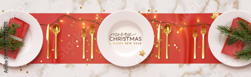 Christmas plate setting with golden cutlery on marble background. New Year Festive design with holiday xmas decorative. Table place setting banner with realistic 3d objects. Vector illustration