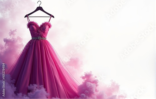 Elegant pink gown floating on clouds against dreamy sky
