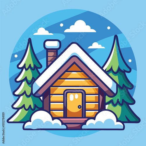 Cozy cabin in the woods with snow on the roof and trees.
