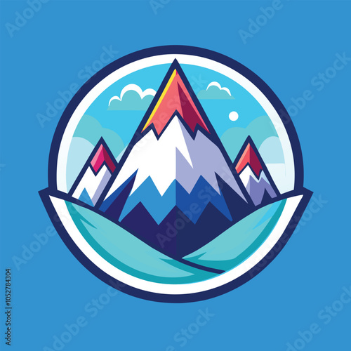 Colorful illustration of mountains in a circular frame.