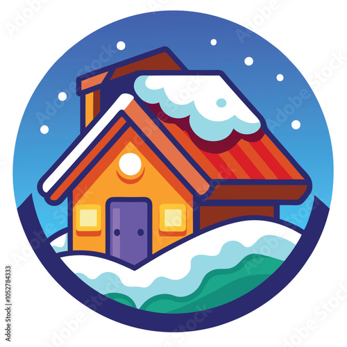 Cozy little house with a snowy roof against a blue sky. 