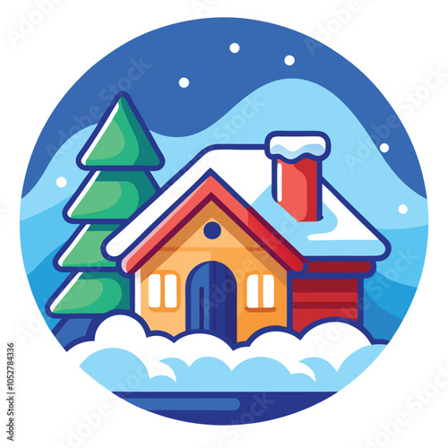 A cozy cabin with a snow-covered roof, nestled in a snowy winter wonderland.
