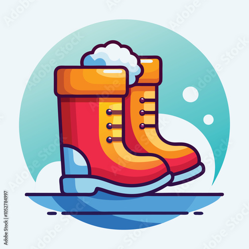A pair of red and yellow winter boots with a snowy top, perfect for a snowy day.