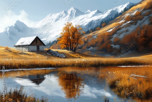 cabin field mountain background amazing graphics autumn icy lake setting inspiring scenery isolated photo