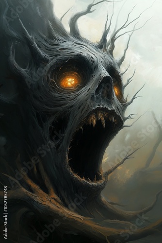 creepy creature glowing eyes card bog oak hauntingly extreme carved expression screaming face scary pines dungeon influential black mold dormant nature background crown skulls