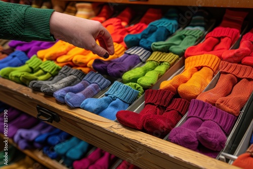 A person is reaching for a pair of socks in a store