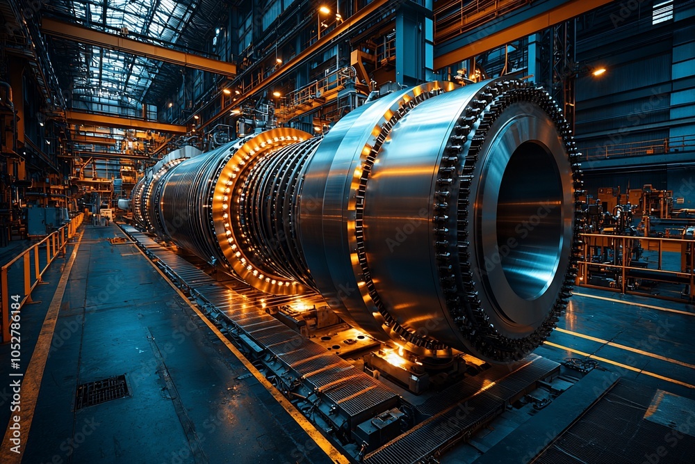 Large industrial turbine in a factory setting, showcasing engineering. Large industrial turbine in a factory setting, showcasing engineering.