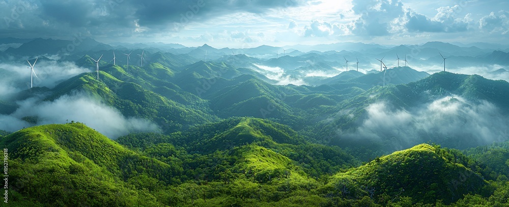 Lush green hills with wind turbines under a cloudy sky. Lush green hills with wind turbines under a cloudy sky.